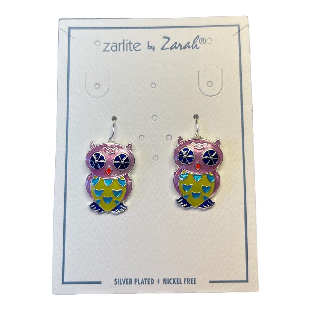 Zarah Calypso Owl Dangle Earrings Sterling Silver Plated Cloisonne Enamel Bird - Picture 2 of 4